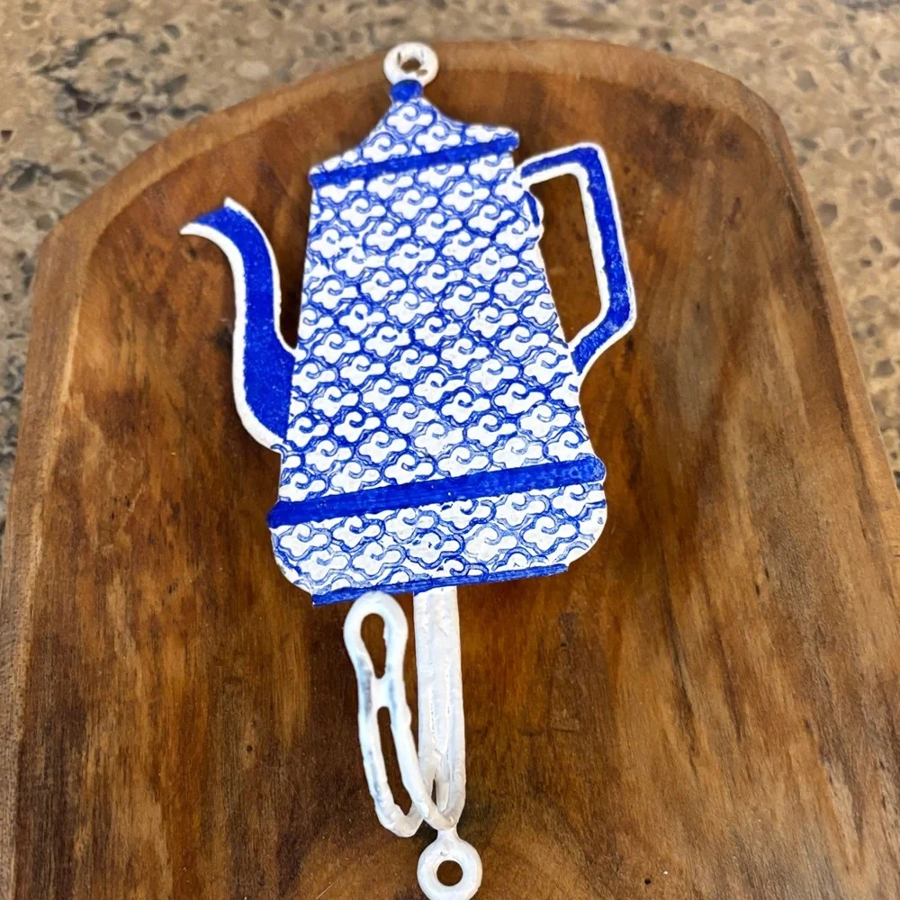 Blue and White Teapot/ Coffeepot  Decorative Metal Kitchen Wall Hooks
